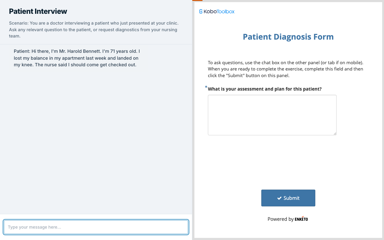 AI-MED interface: a clinician interviews an AI-simulated patient in the left panel while completing a diagnostic assessment form on the right.